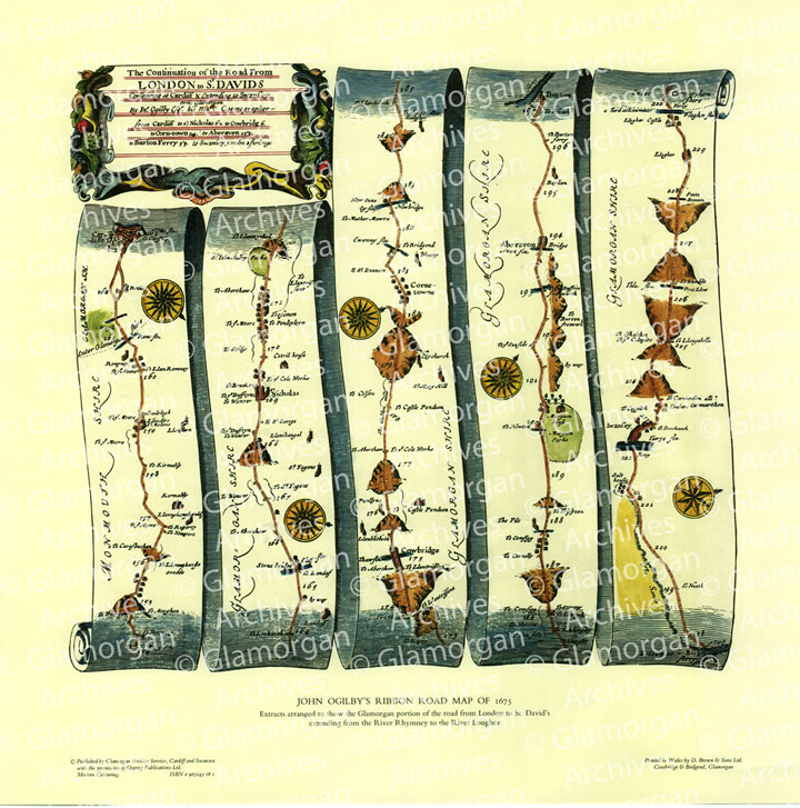 Watermarked John Ogilbys Ribbon Road map of 1675